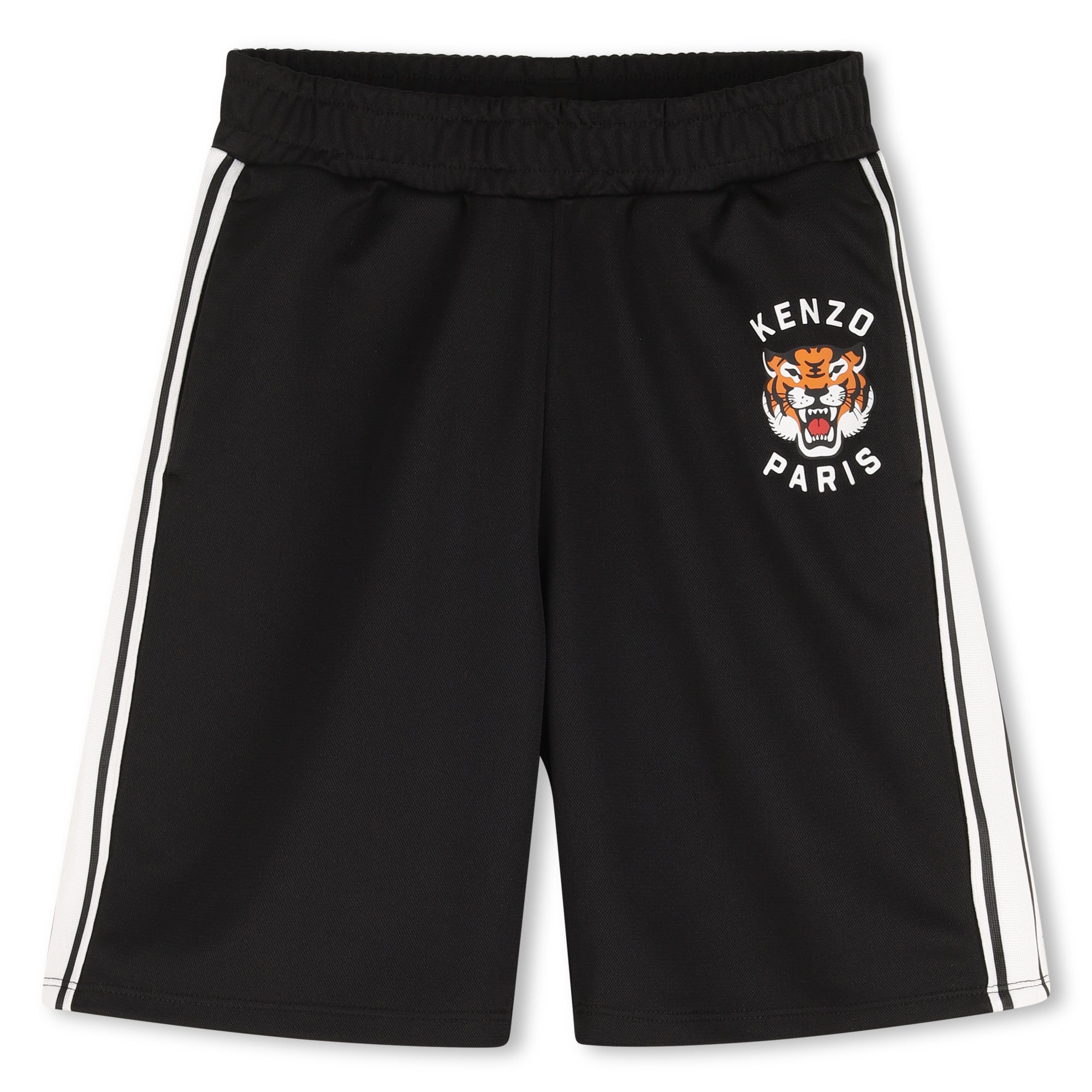 Black Bermuda Shorts with Tiger Logo and Side Stripes