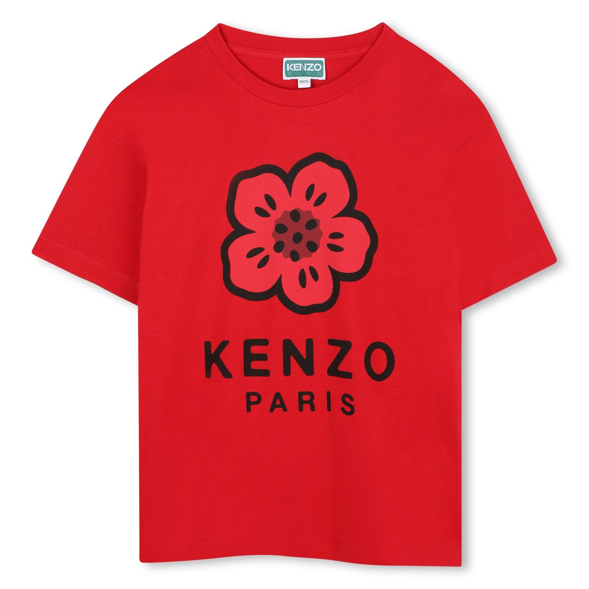 Kids red short sleeve organic cotton t-shirt with floral logo print