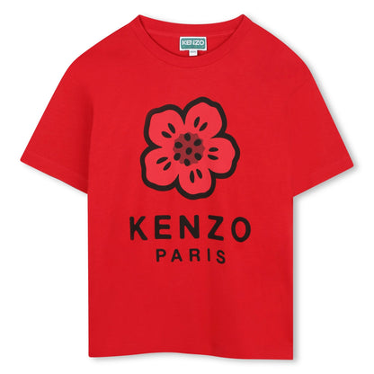 Kids red short sleeve organic cotton t-shirt with floral logo print