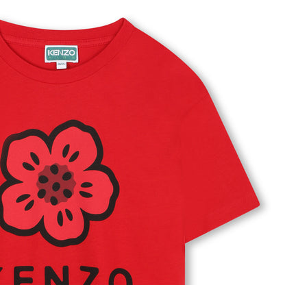 Kids red short sleeve organic cotton t-shirt with floral logo print