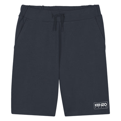Kids navy cotton Bermuda shorts with drawstring waist and logo print