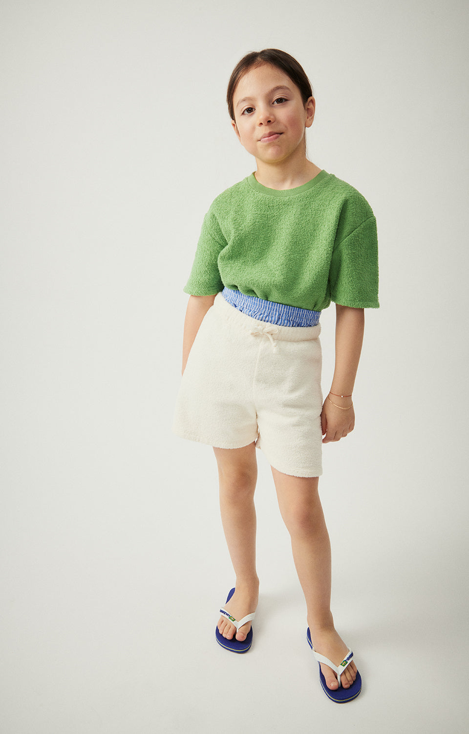 Terry Cotton Elasticated Waist Shorts, Ecru, Fluorescent Green
