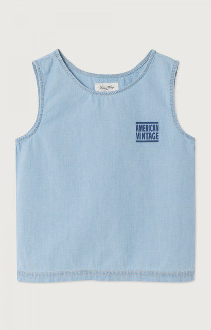 Light Blue Tank Top with Round Collar and Logo Print