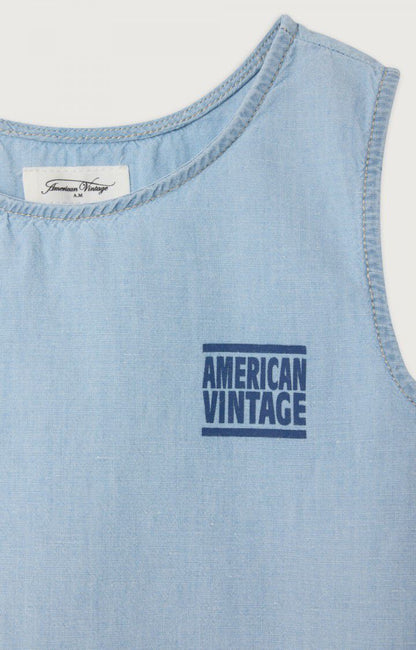 Light Blue Tank Top with Round Collar and Logo Print