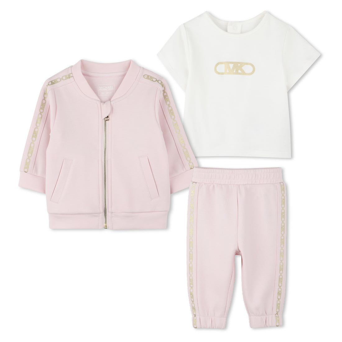 Track Suit: Cardigan, T-Shirt, and Pants with Metallic "MK Empire" Details