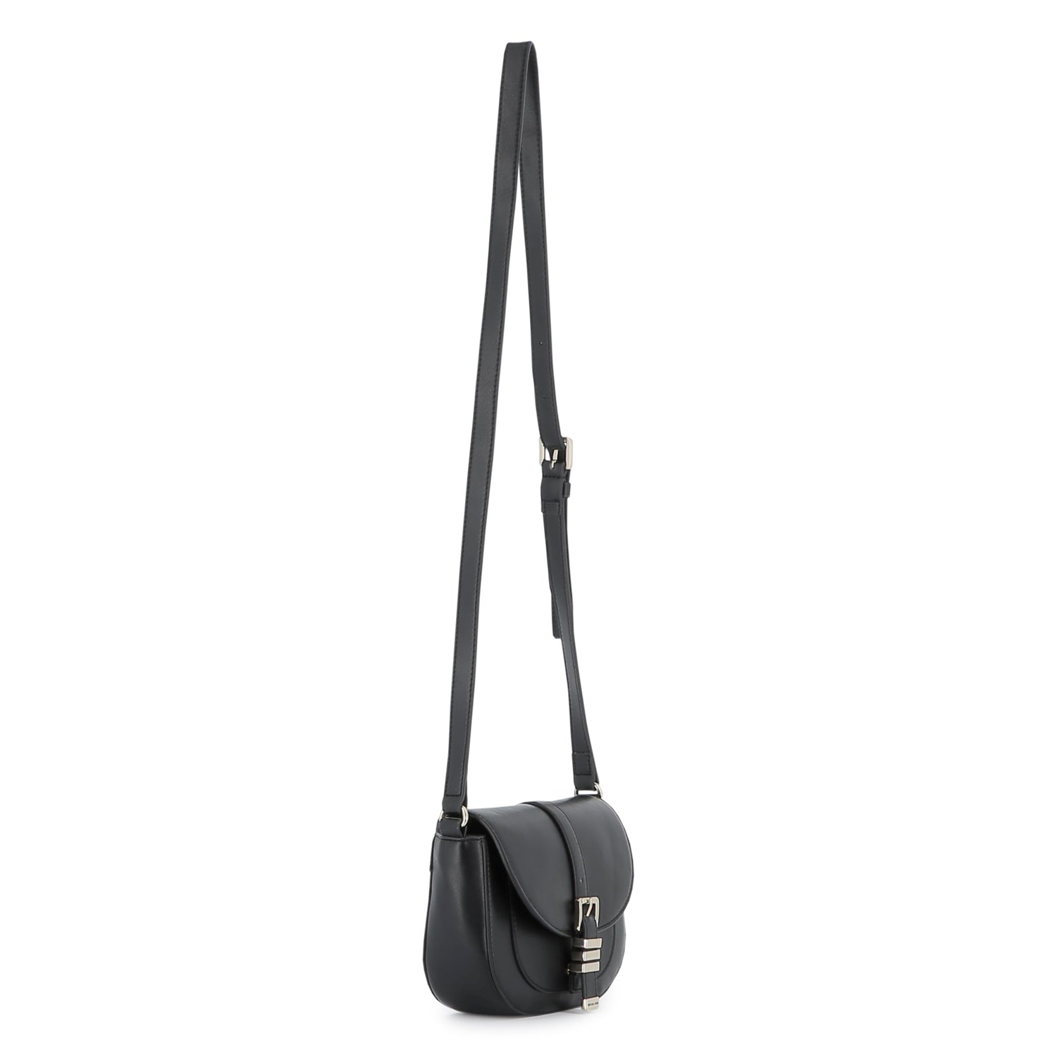 Black Crossbody Handbag with Gold Buckle Detail
