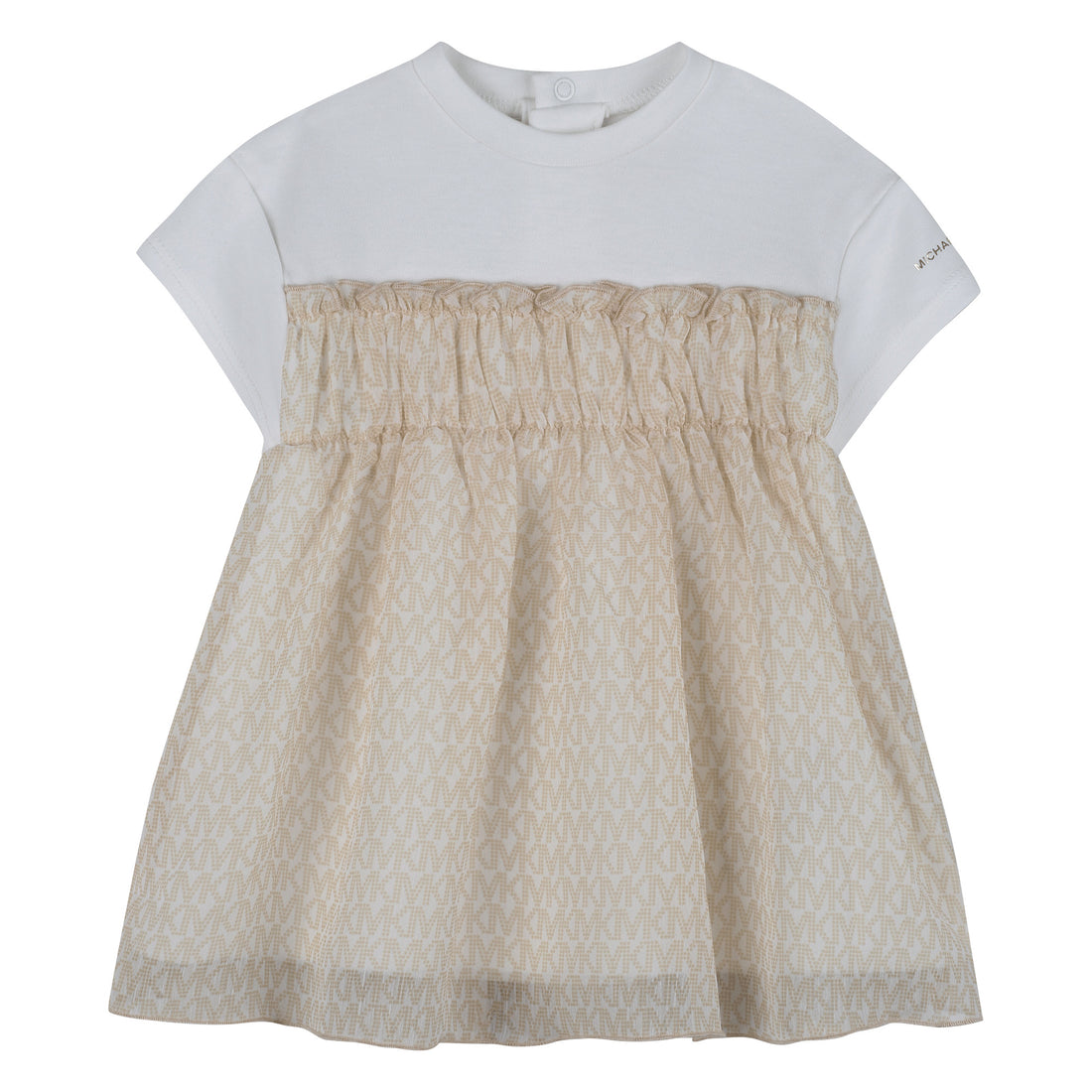 Baby Bi-Material Short Sleeves Dress in White and Beige Michael Kors