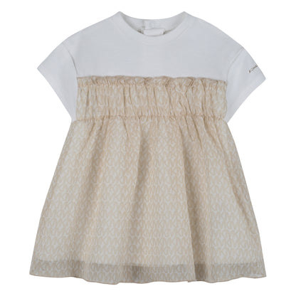 Baby Bi-Material Short Sleeves Dress in White and Beige Michael Kors