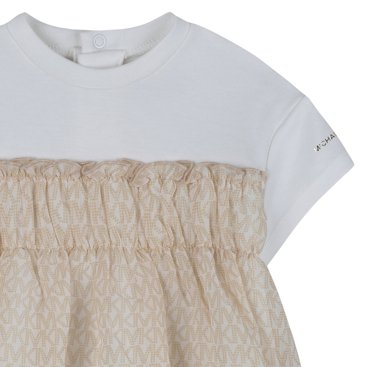 Baby Bi-Material Short Sleeves Dress in White and Beige Michael Kors