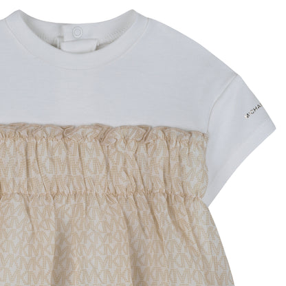 Baby Bi-Material Short Sleeves Dress in White and Beige Michael Kors