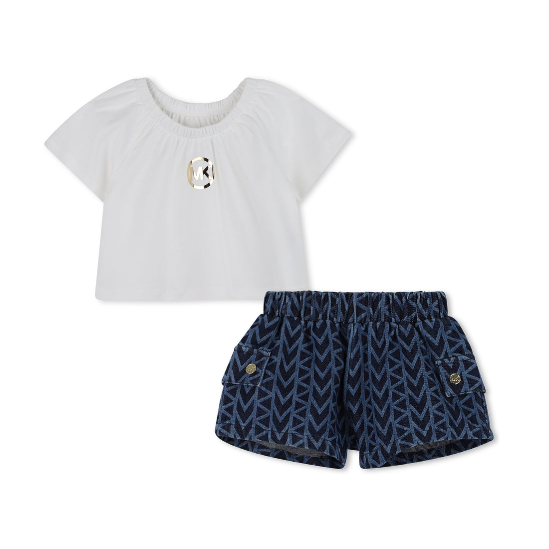 Baby T-Shirt and Denim Shorts Set in White and Blue Michael Kors