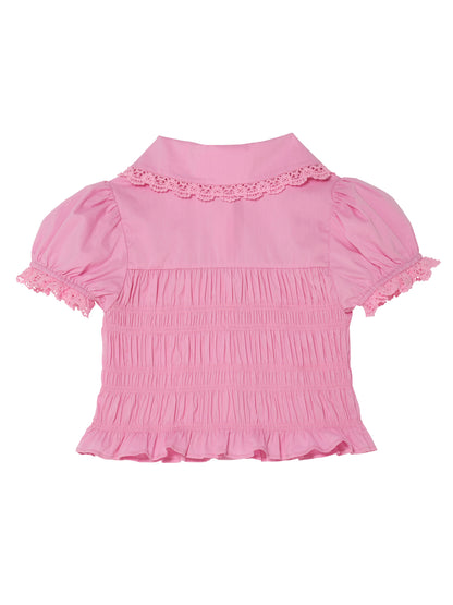 Brigitte Blouse - Smocked Cotton Blouse with Lace Collar and Puff Sleeves