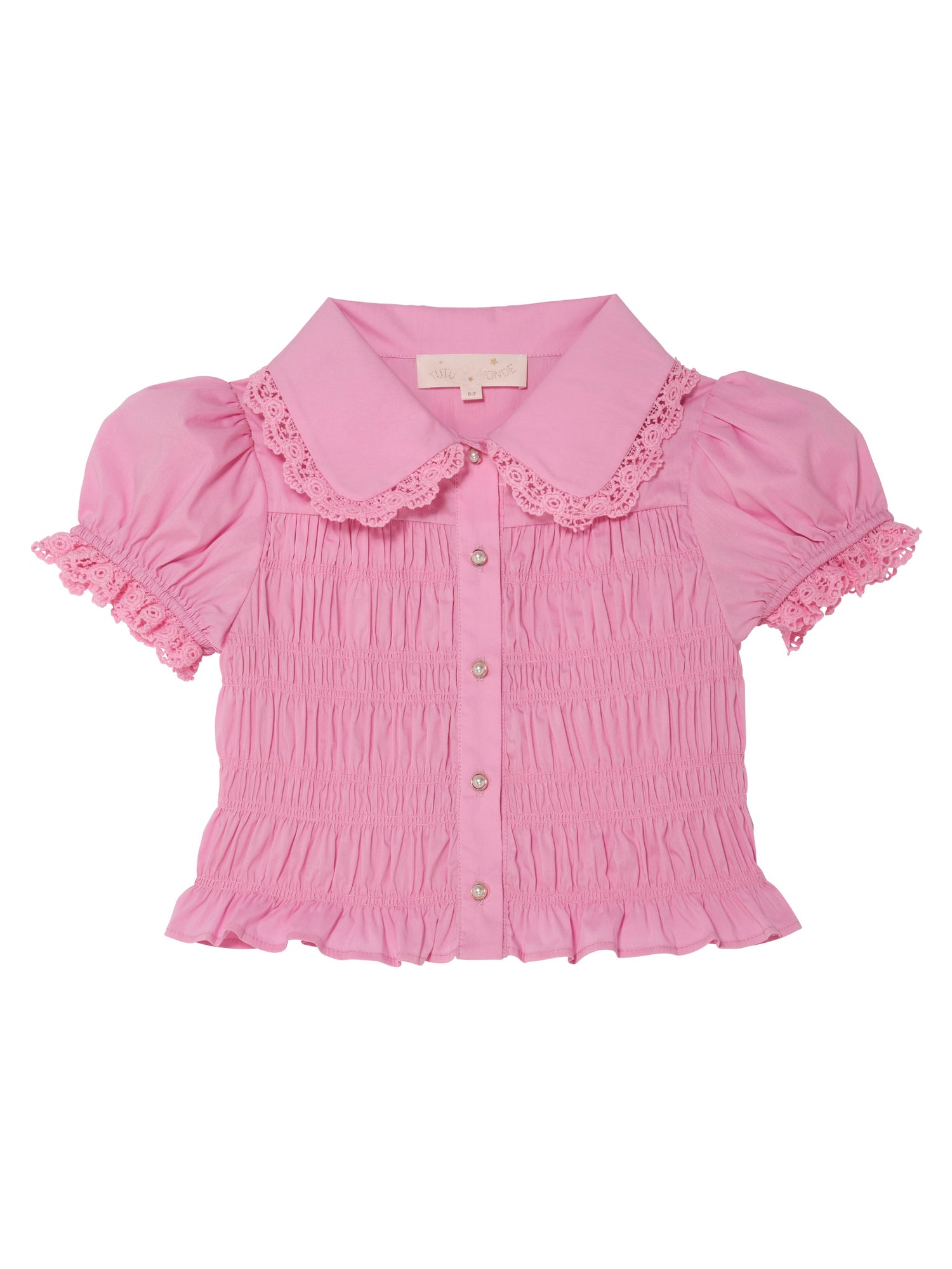 Brigitte Blouse - Smocked Cotton Blouse with Lace Collar and Puff Sleeves