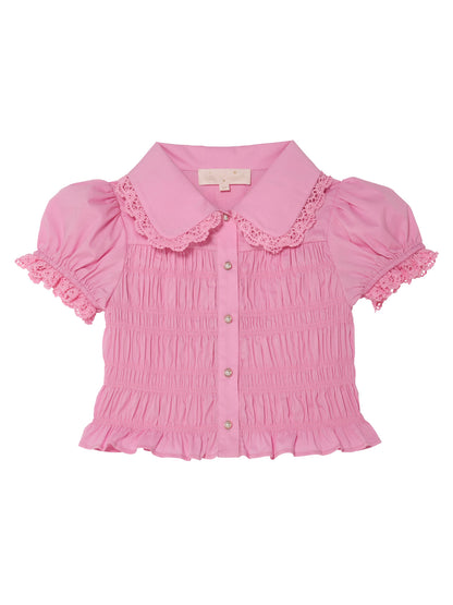 Brigitte Blouse - Smocked Cotton Blouse with Lace Collar and Puff Sleeves