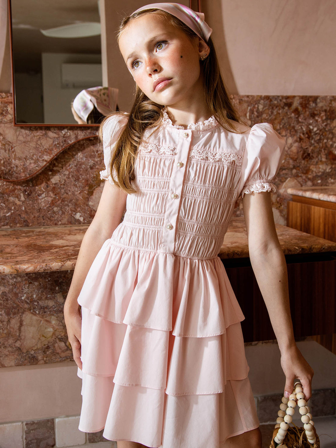 Brigitte Dress - Tiered Cotton Dress with Lace Trim and Smocked Bodice
