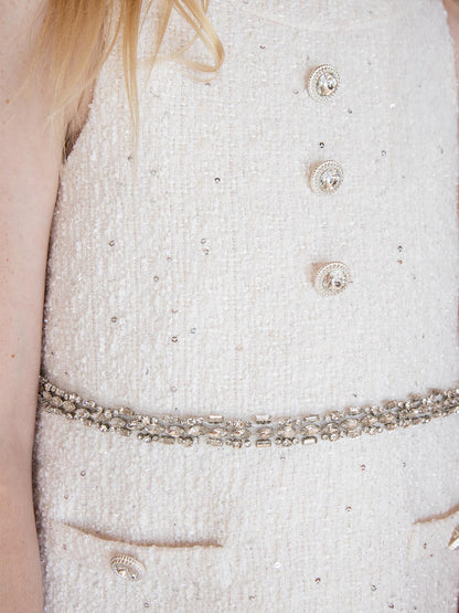 Audrey Dress - Sleeveless Textured Shift Dress with Decorative Waist Trim