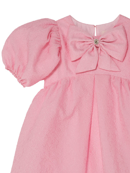 Soléne Dress - Textured Puff Sleeve Dress with Front Bow Detail