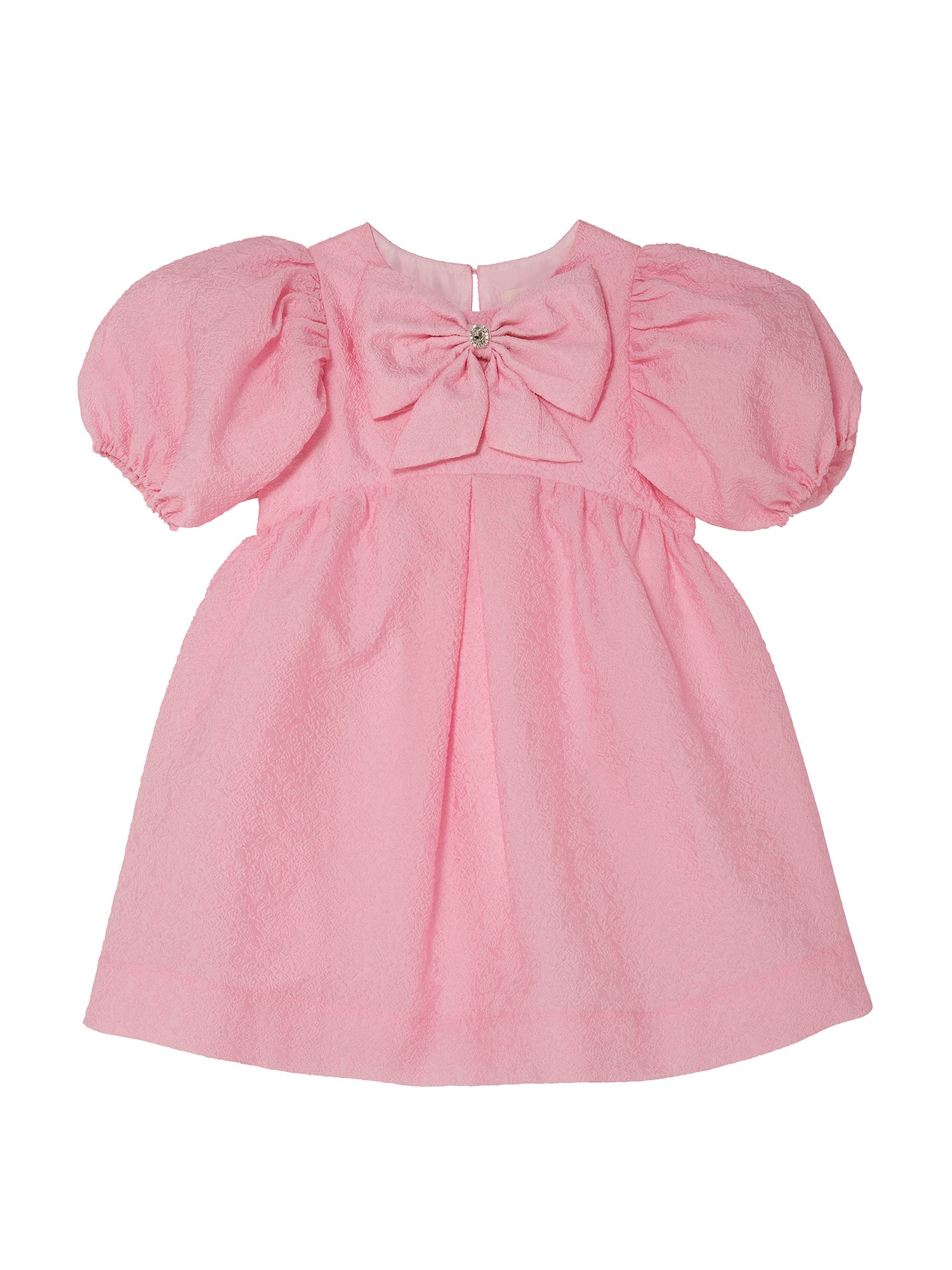 Soléne Dress - Textured Puff Sleeve Dress with Front Bow Detail