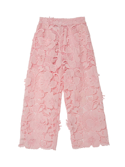 Riviera Rose Pants - Floral Lace Wide Leg Pants with Elastic Waist