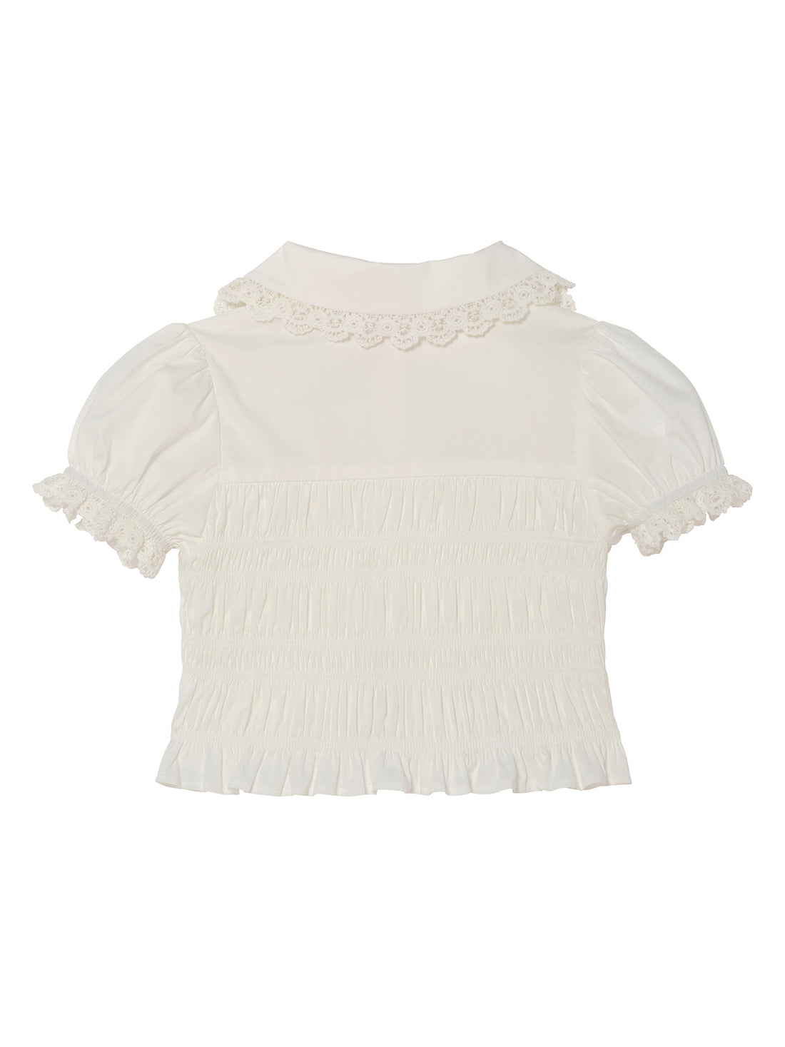 Brigitte Blouse - Short Sleeve Smocked Cotton Blouse with Lace Collar