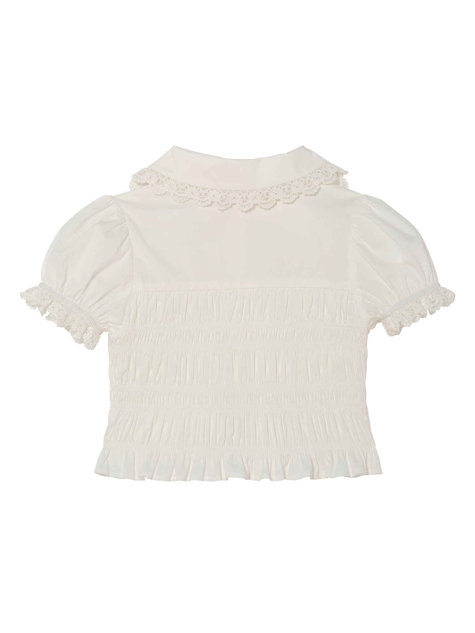 Brigitte Blouse - Short Sleeve Smocked Cotton Blouse with Lace Collar