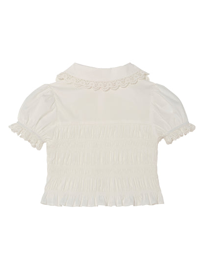 Brigitte Blouse - Short Sleeve Smocked Cotton Blouse with Lace Collar