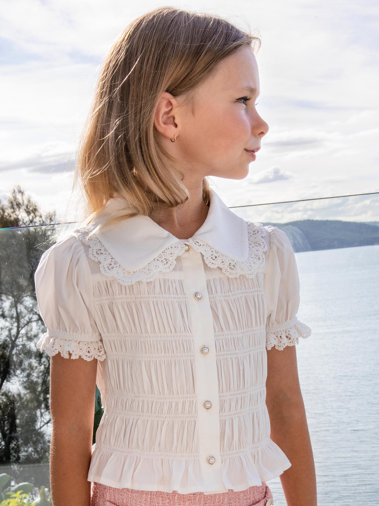 Brigitte Blouse - Short Sleeve Smocked Cotton Blouse with Lace Collar
