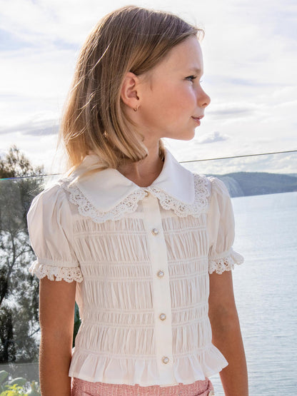 Brigitte Blouse - Short Sleeve Smocked Cotton Blouse with Lace Collar