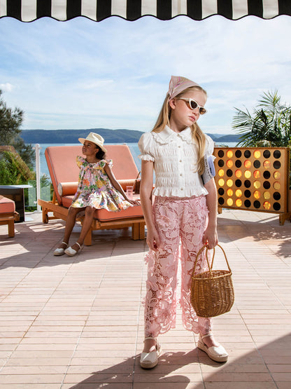 Brigitte Blouse - Short Sleeve Smocked Cotton Blouse with Lace Collar