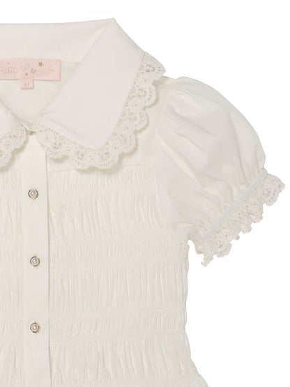 Brigitte Blouse - Short Sleeve Smocked Cotton Blouse with Lace Collar