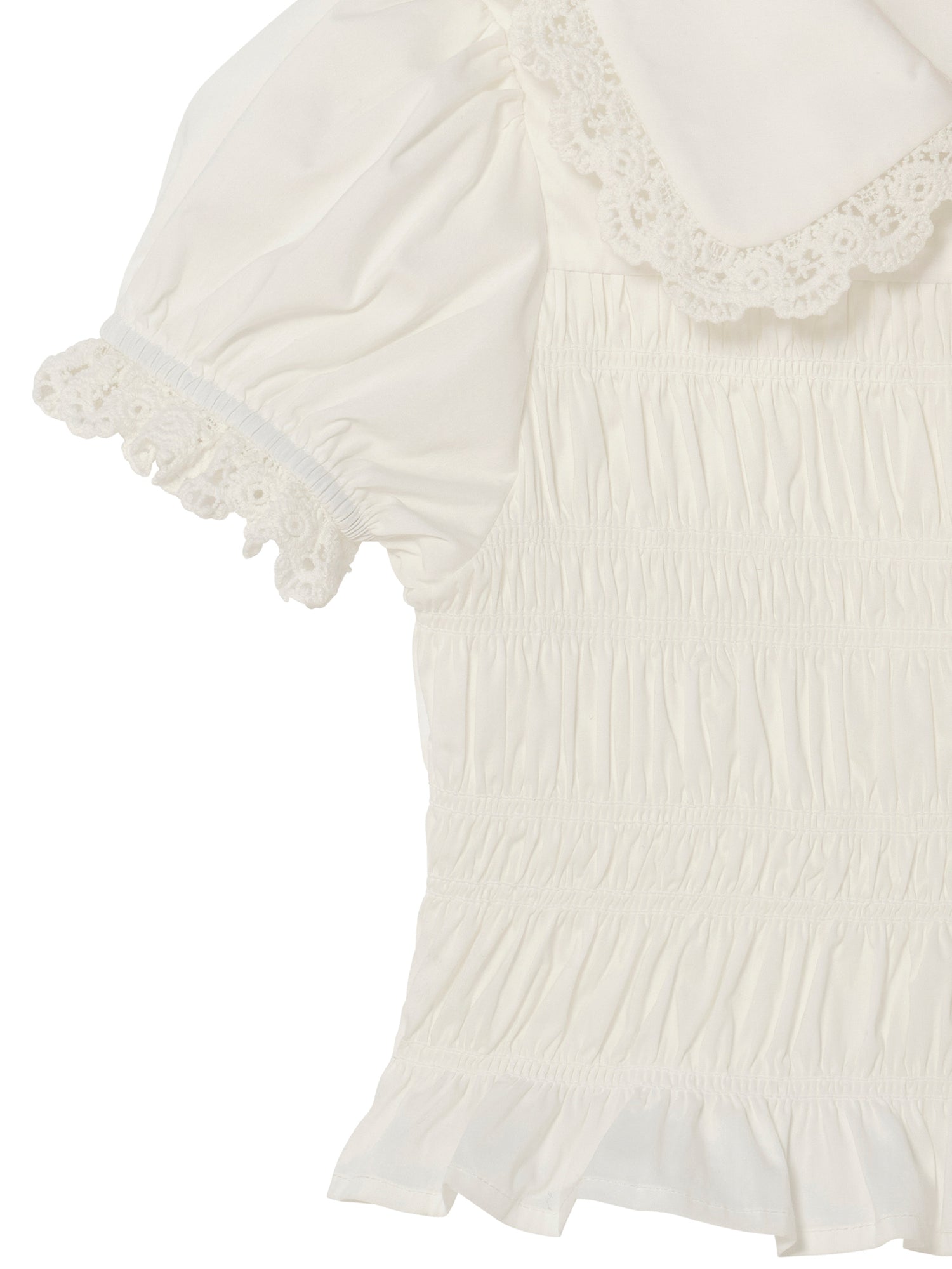 Brigitte Blouse - Short Sleeve Smocked Cotton Blouse with Lace Collar