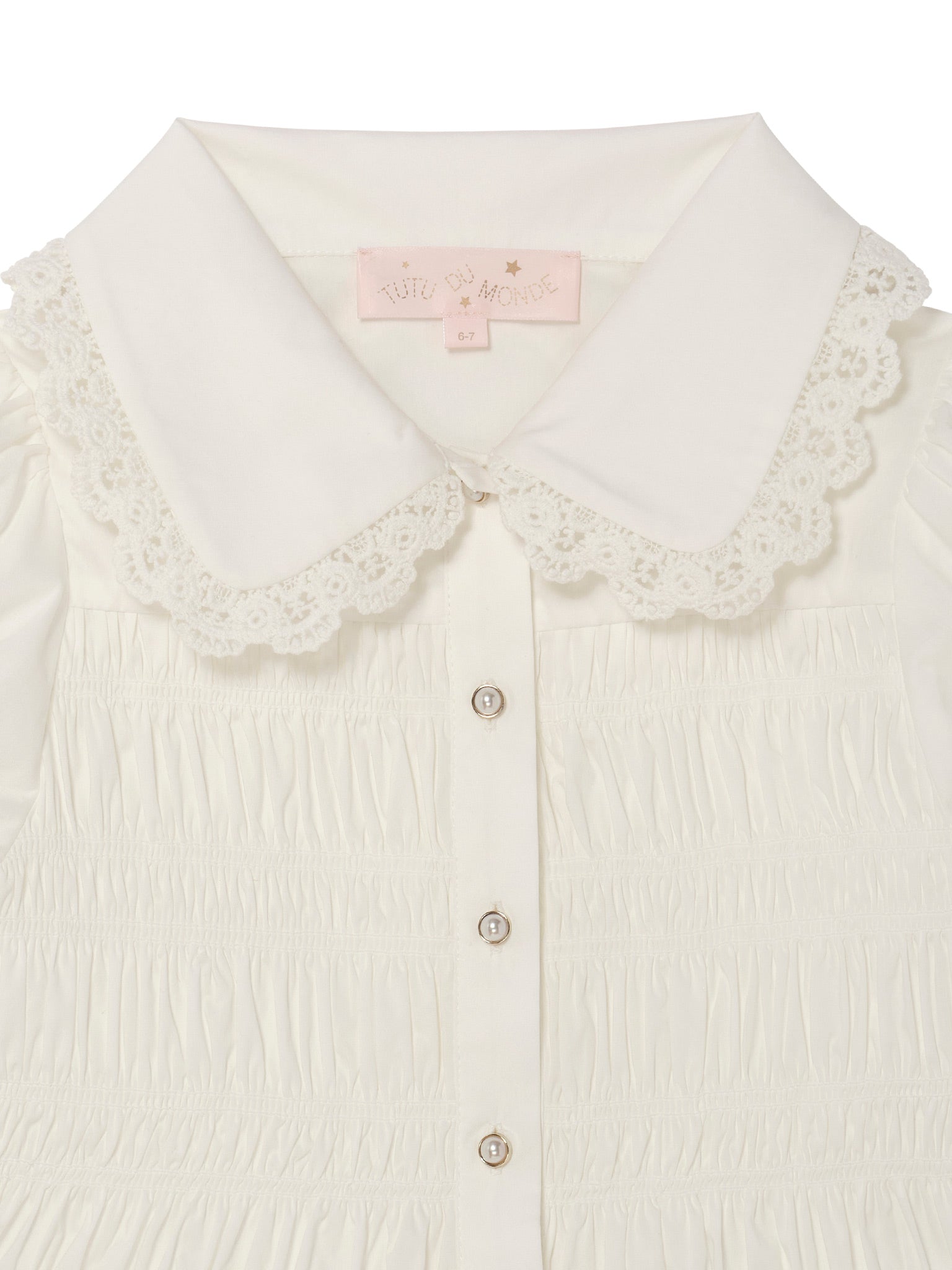 Brigitte Blouse - Short Sleeve Smocked Cotton Blouse with Lace Collar