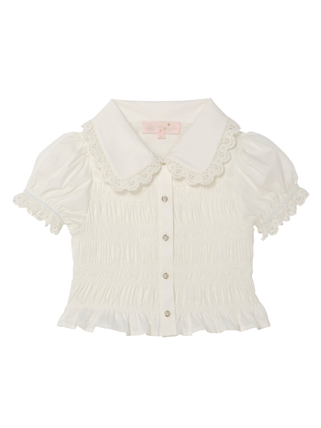 Brigitte Blouse - Short Sleeve Smocked Cotton Blouse with Lace Collar