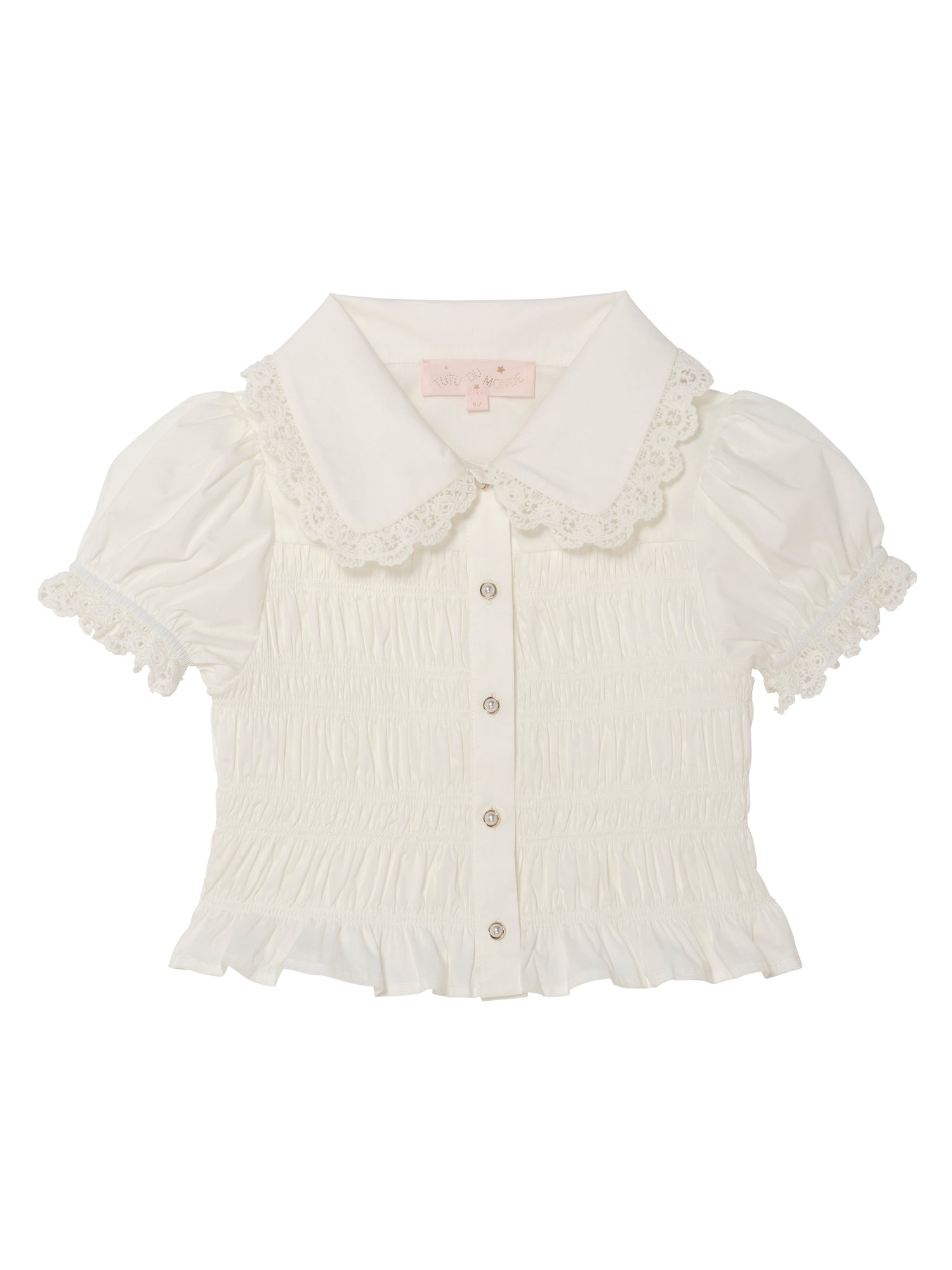 Brigitte Blouse - Short Sleeve Smocked Cotton Blouse with Lace Collar