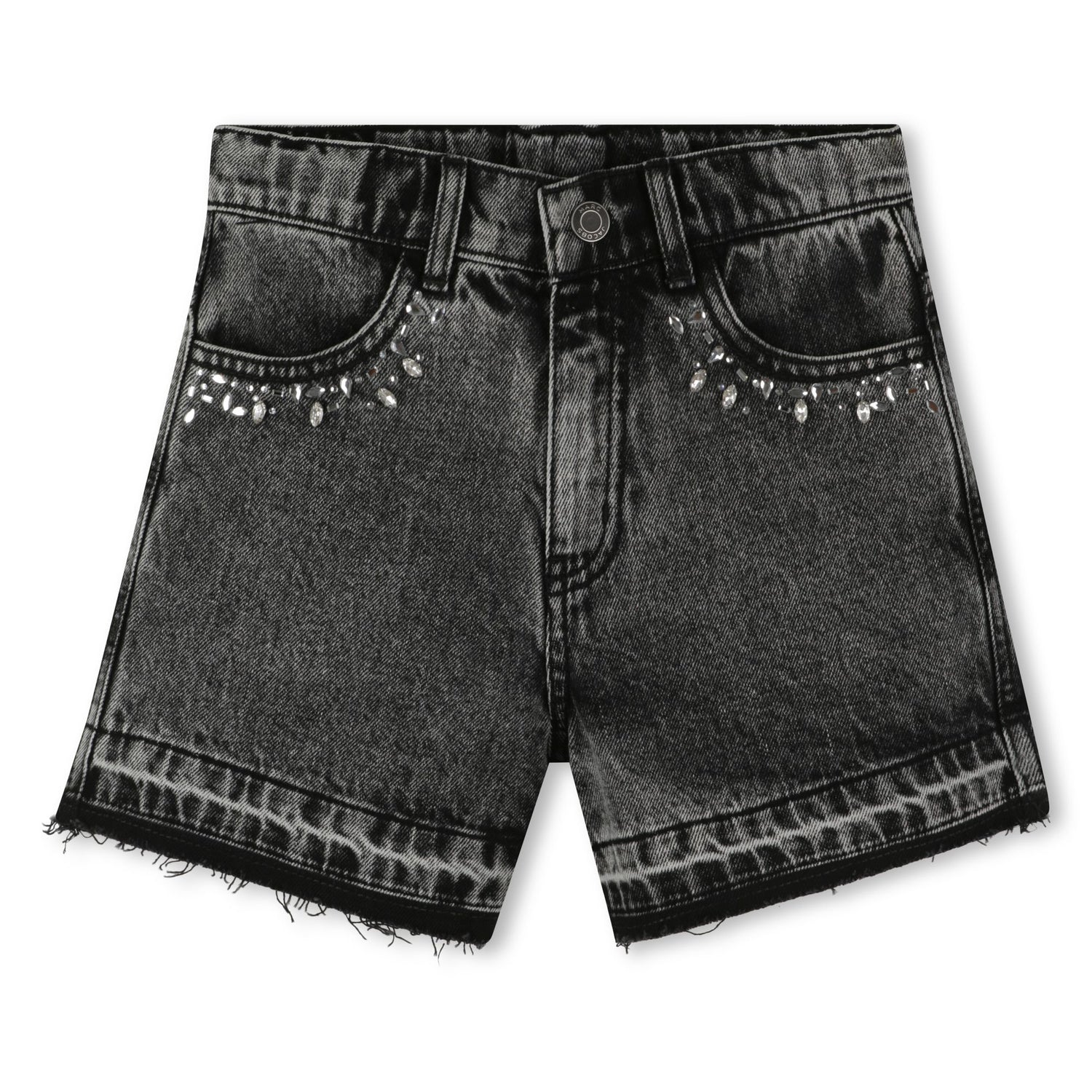Black Denim Shorts with Cabochon and Rhinestone Detailing