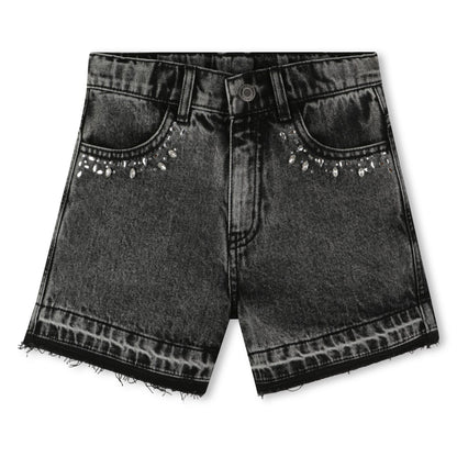 Black Denim Shorts with Cabochon and Rhinestone Detailing