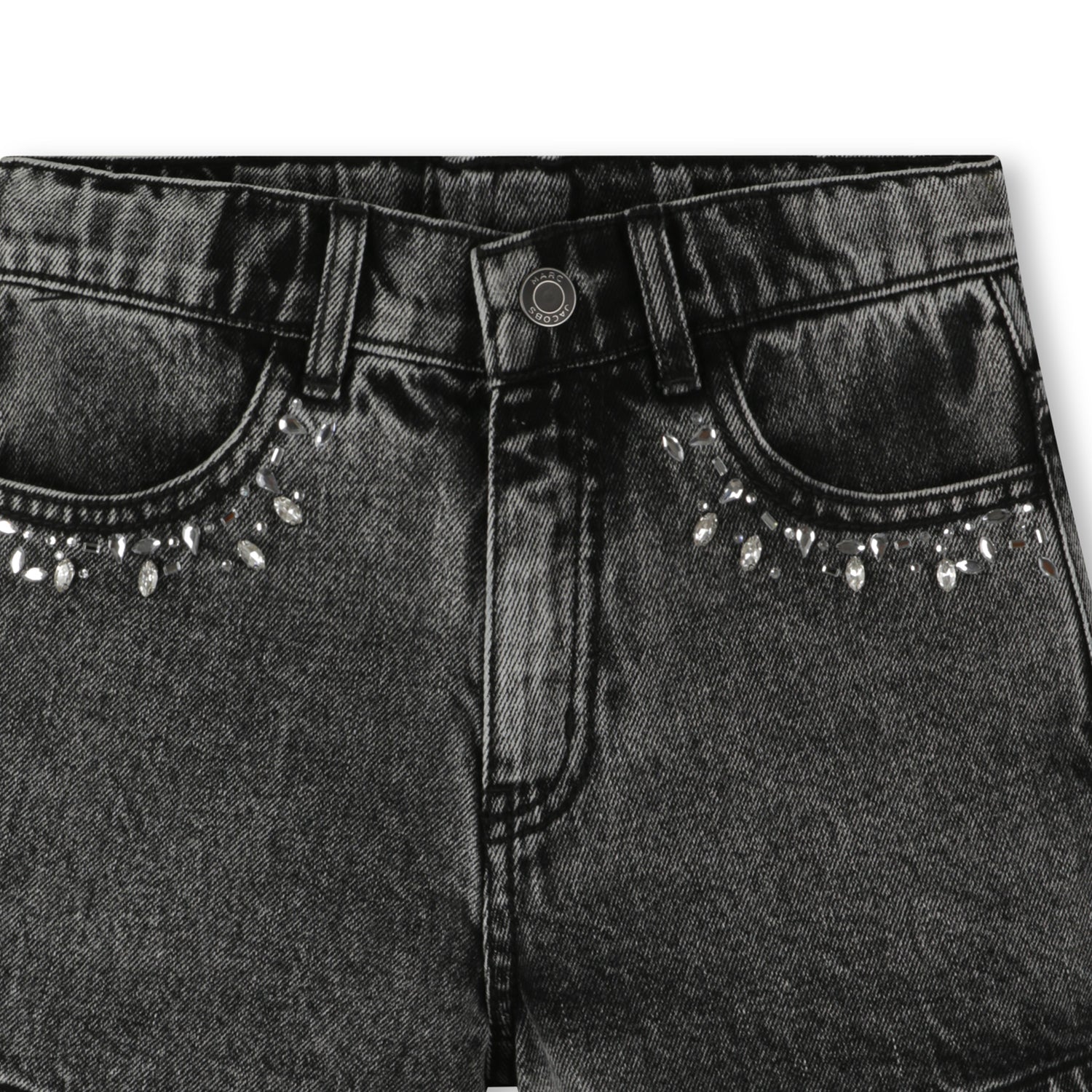 Black Denim Shorts with Cabochon and Rhinestone Detailing