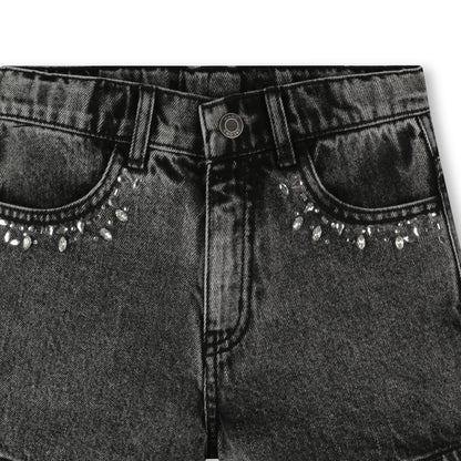 Black Denim Shorts with Cabochon and Rhinestone Detailing