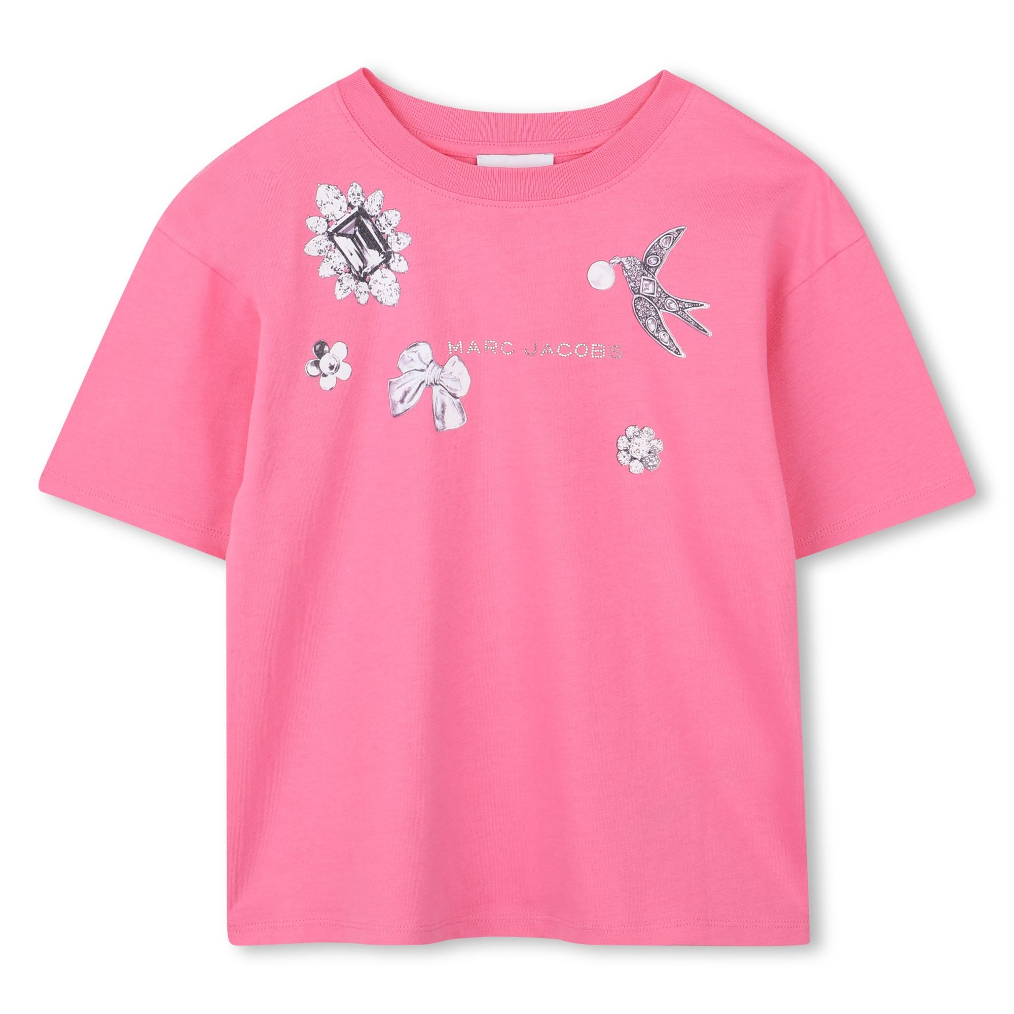 Fuchsia Cotton Jersey T-Shirt with Jewellery Illustration and Rhinestone Logo