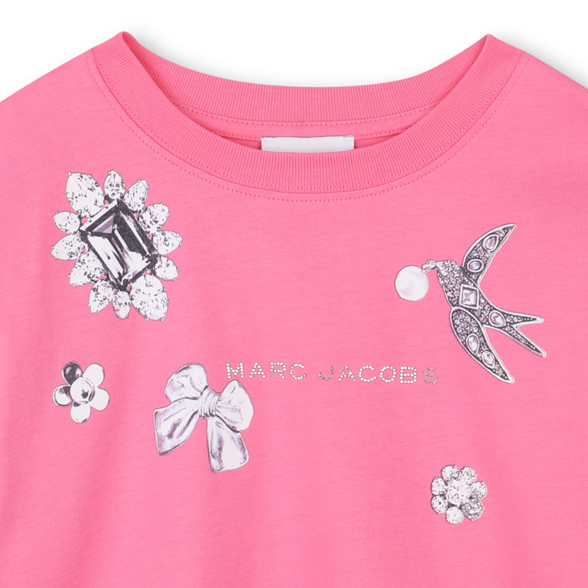Fuchsia Cotton Jersey T-Shirt with Jewellery Illustration and Rhinestone Logo