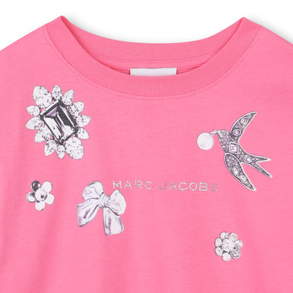 Fuchsia Cotton Jersey T-Shirt with Jewellery Illustration and Rhinestone Logo