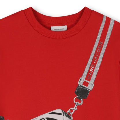 Red Cotton French Terry Dress with Trompe L’Oeil “Snapshot” Illustration