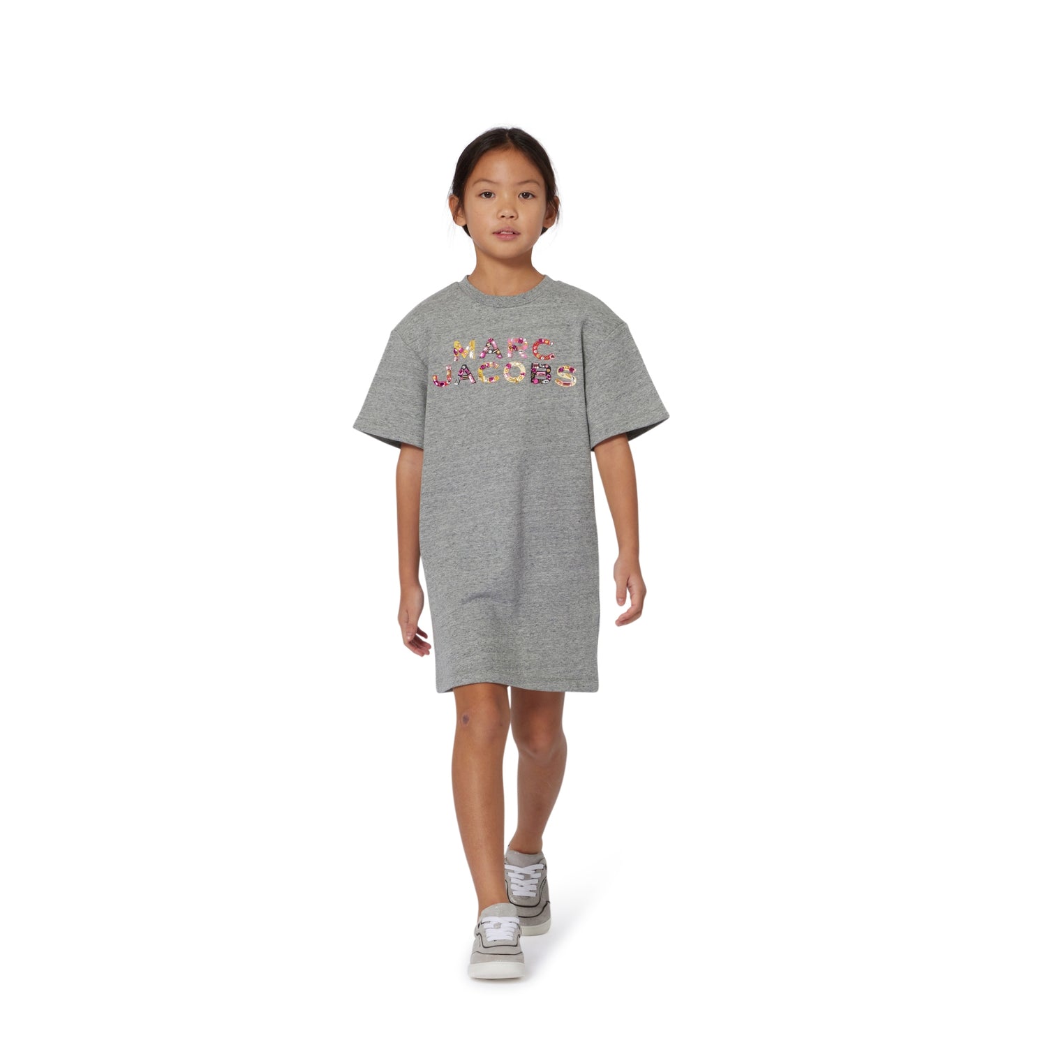 Chiné Grey Cotton Fleece Sweatshirt Dress with Cabochon and Bead Logo