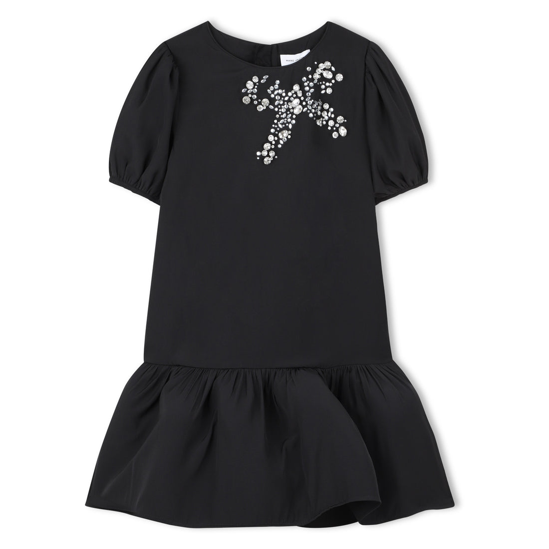 Black Short Sleeve Ceremony Dress with Cabochon and Rhinestone Bow