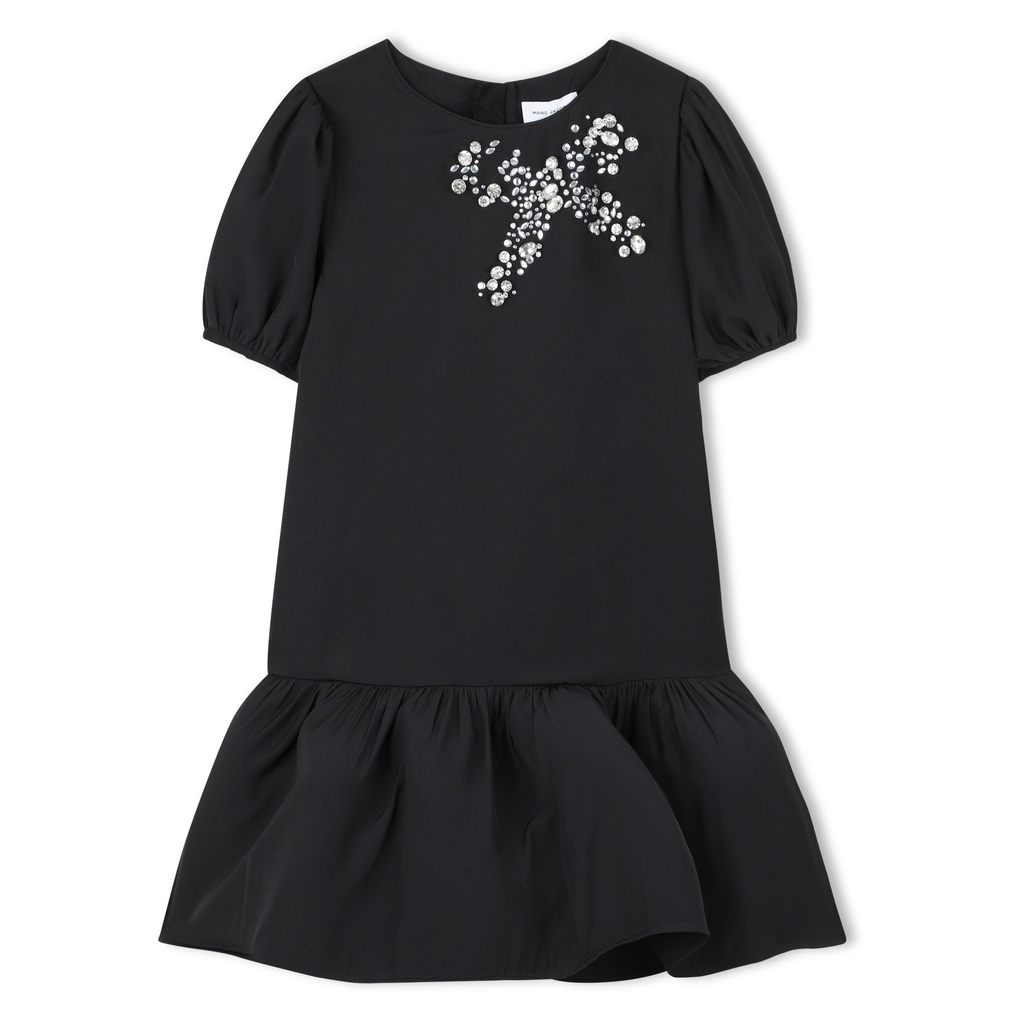 Black Short Sleeve Ceremony Dress with Cabochon and Rhinestone Bow
