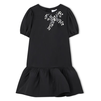 Black Short Sleeve Ceremony Dress with Cabochon and Rhinestone Bow