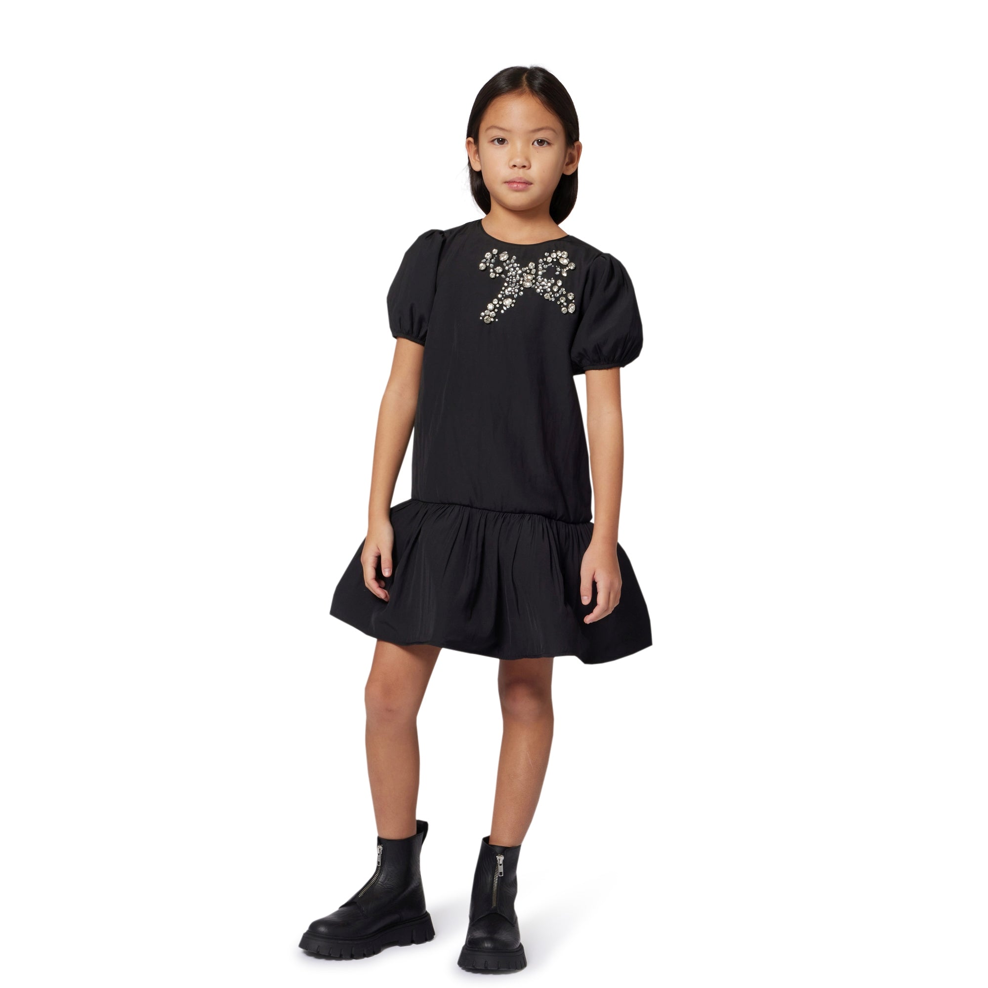Black Short Sleeve Ceremony Dress with Cabochon and Rhinestone Bow