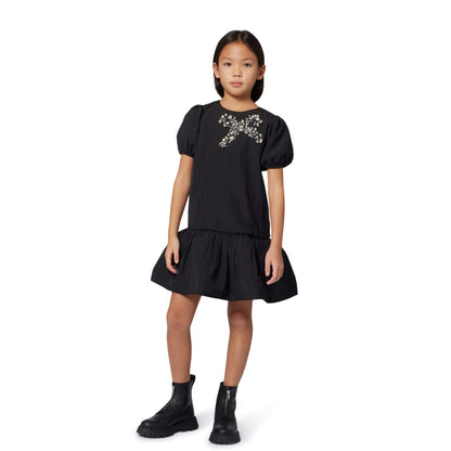 Black Short Sleeve Ceremony Dress with Cabochon and Rhinestone Bow