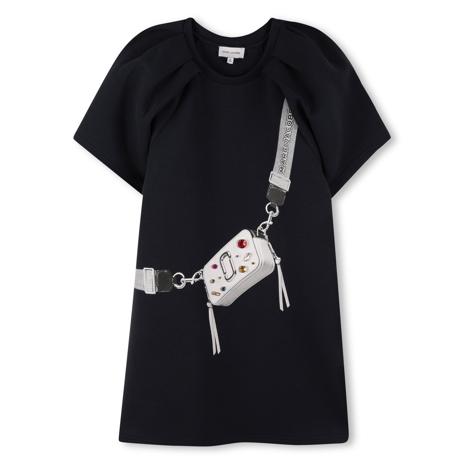 Navy Double Cotton Jersey Dress with Balloon Sleeves and Trompe L’Oeil “Snapshot” Bag Illustration