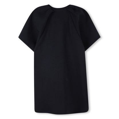 Navy Double Cotton Jersey Dress with Balloon Sleeves and Trompe L’Oeil “Snapshot” Bag Illustration